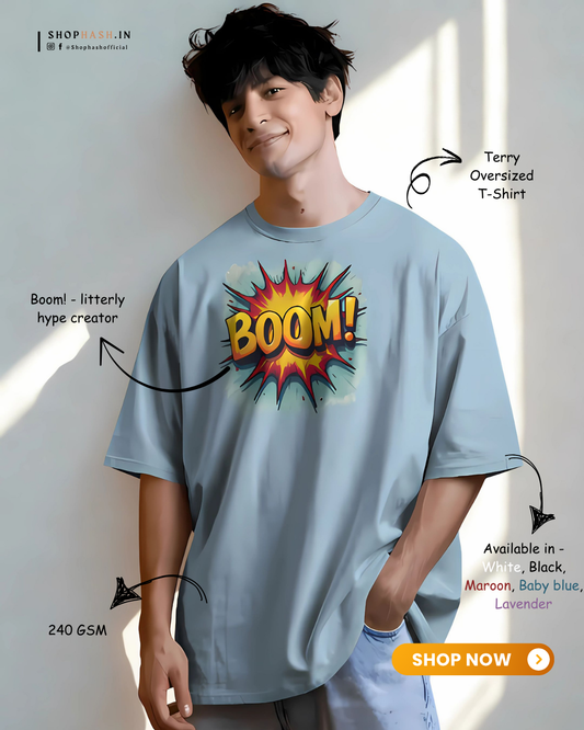 Men's BOOM! Graphic Oversized T-Shirt – Bold Comic Style Streetwear by ShopHash