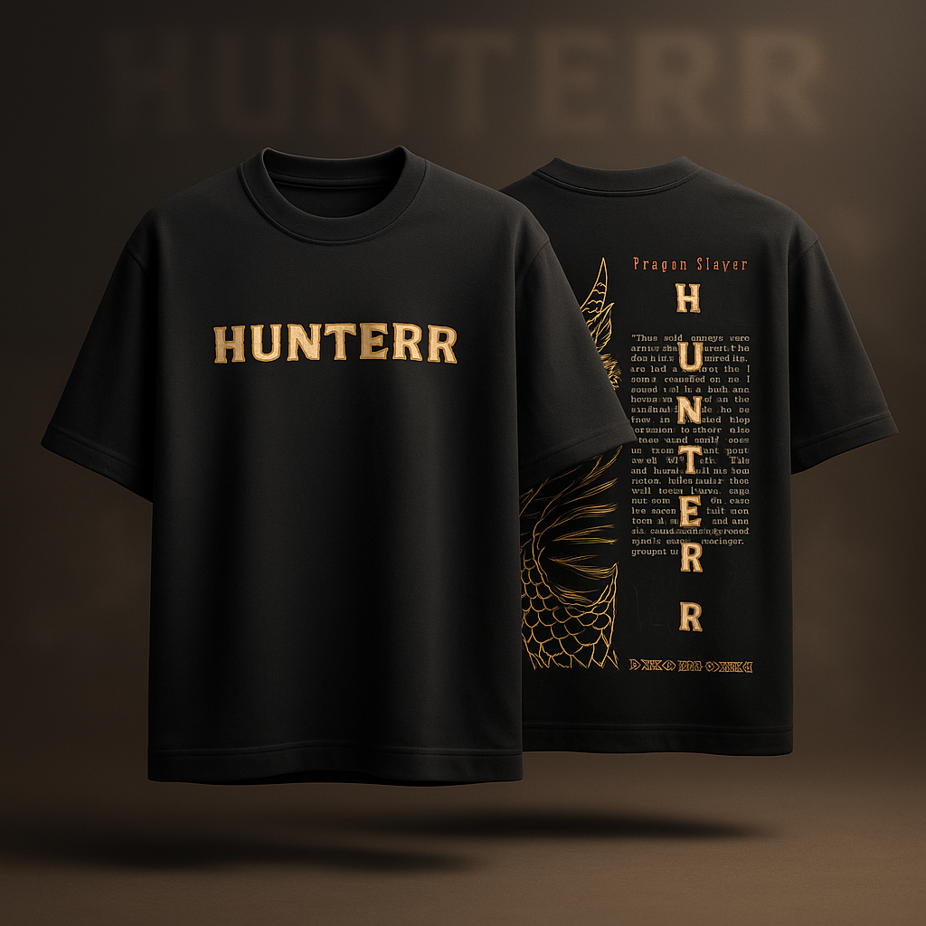 Men's Premium Dragon Slayer "HUNTERR" Oversized T-Shirt - Unisex Streetwear Classic ShopHash